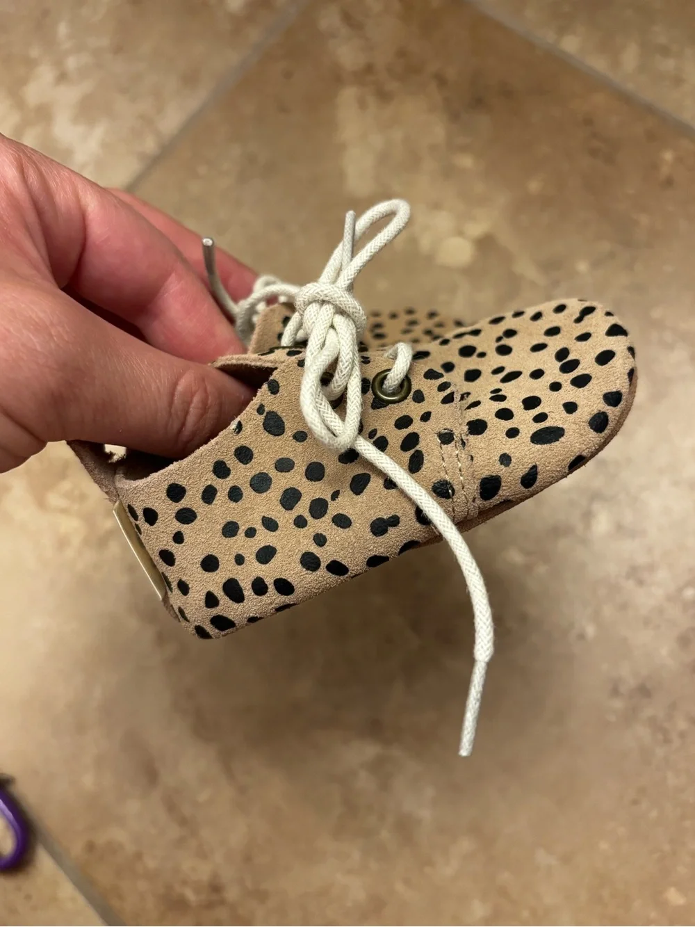 Baby Walker Suede Lace-Up Shoes in Brown with Black Dots